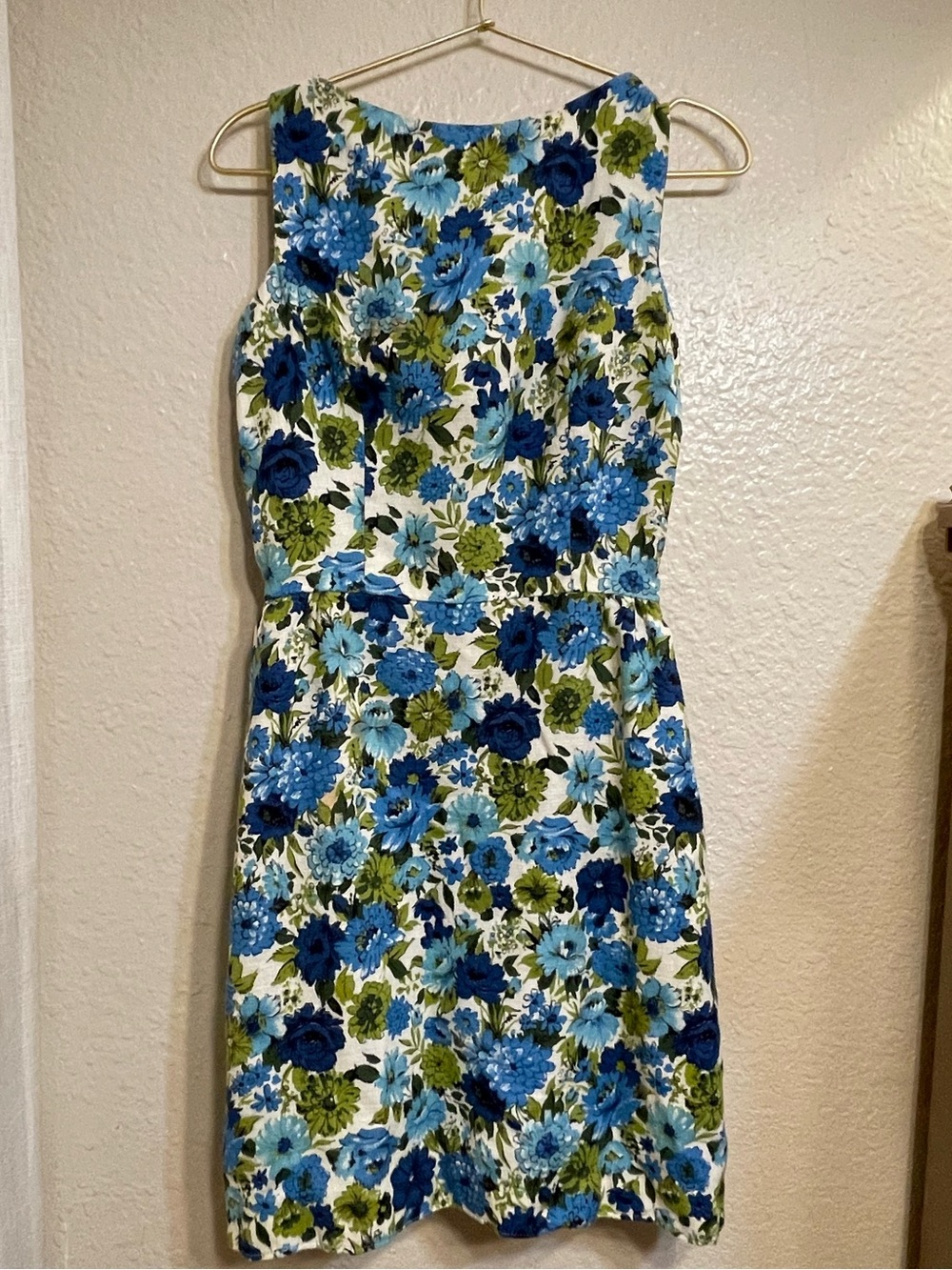 50s/60s vintage handmade Floral Sleeveless Sheath Dress in Blue & Green